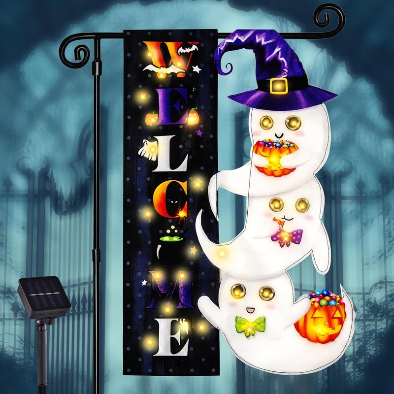 FLAGMESAGE Halloween Lighted Garden Flag, Solar Yard Flag for Outside, 8 Modes Double Sided Welcome Halloween Ghost Outdoor Decorations for Home Porch (Ghost-12x18) - Image 1